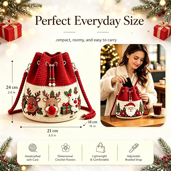 Christmas Crochet Bucket Crossbody Bag with Drawstring