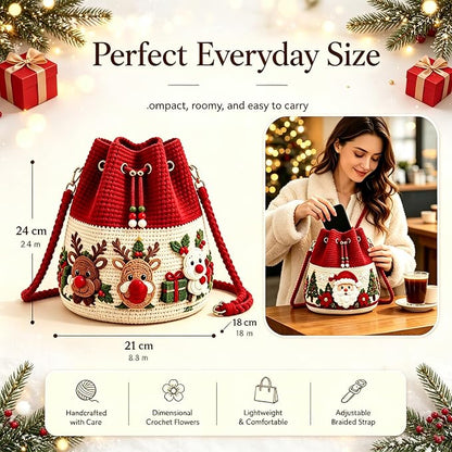 Christmas Crochet Bucket Crossbody Bag with Drawstring
