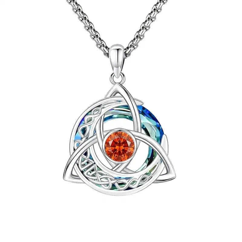 Women's Celtic Birthstone Necklace - Trinity Knot-Triquetra Crescent Moon Pendant