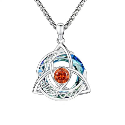 Women's Celtic Birthstone Necklace - Trinity Knot-Triquetra Crescent Moon Pendant