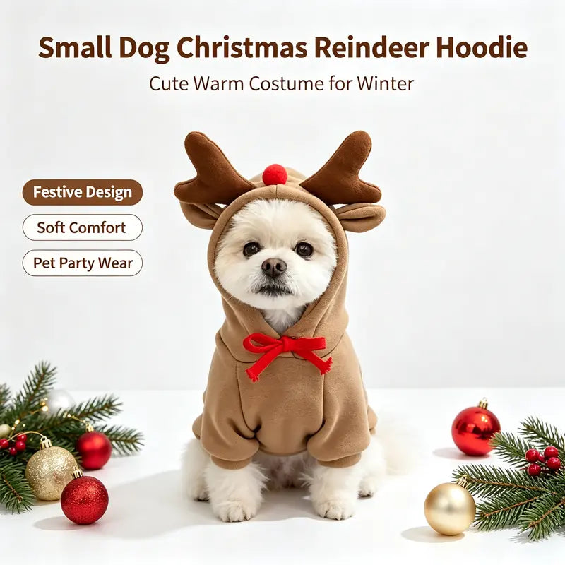 Dog Christmas Reindeer Hoodie - Small-Medium Sizes, Casual, Warmth