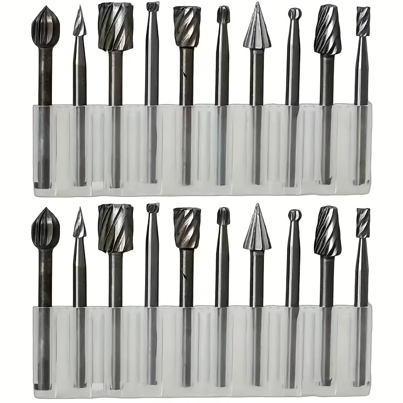 20pcs High-Speed Steel Rotating Burrs  Set | 10 Kinds of Cutter Head Shape Carving Grinding Head 1/8 "Shank