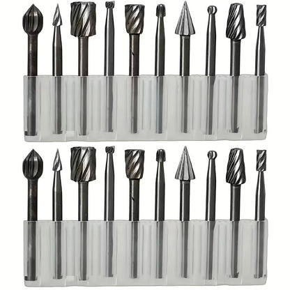 20pcs High-Speed Steel Rotating Burrs  Set | 10 Kinds of Cutter Head Shape Carving Grinding Head 1/8 "Shank