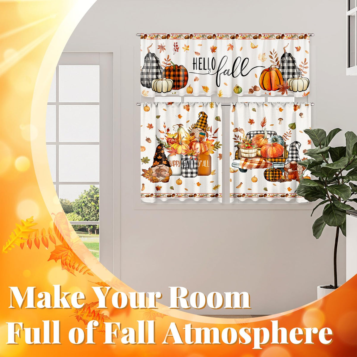 3 Pcs Fall-Halloween Kitchen Curtain Valance Tiers Set