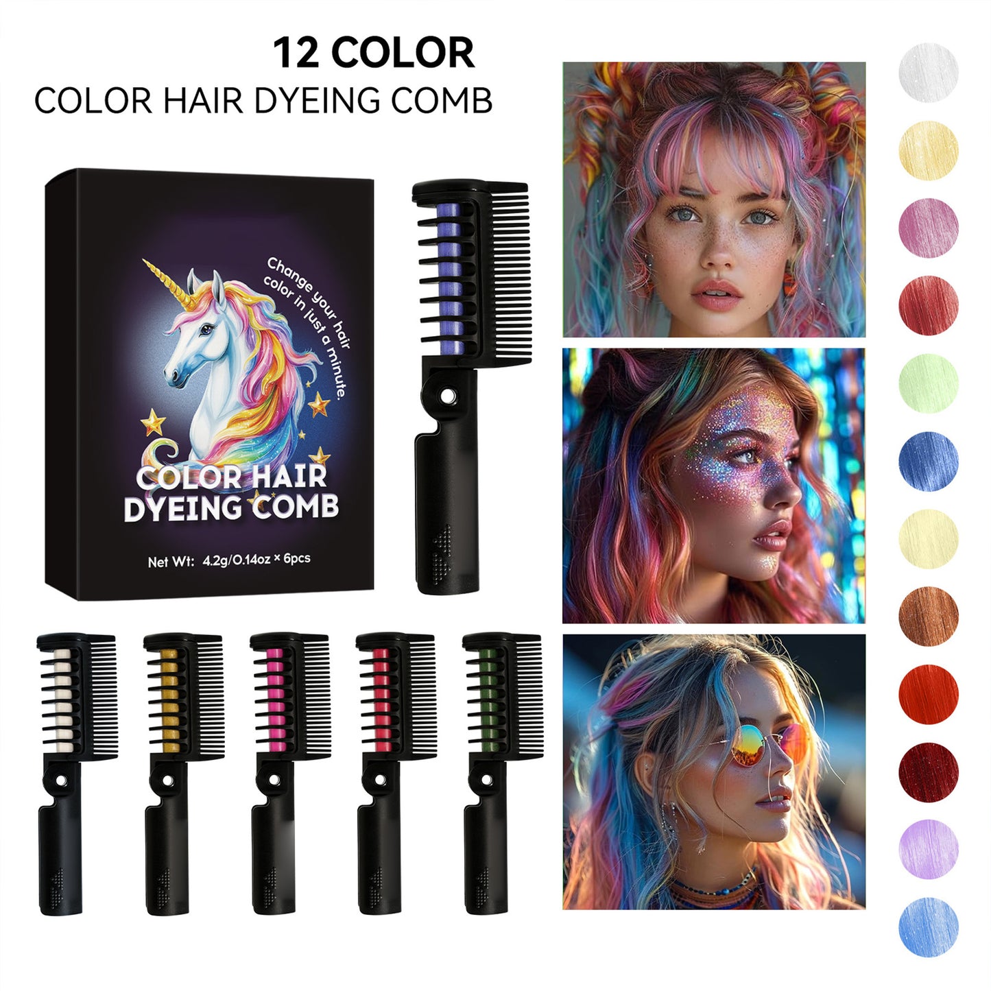 Festive Fun Hair Chalk Combs,Hair Color Comb Temporary 6 Color