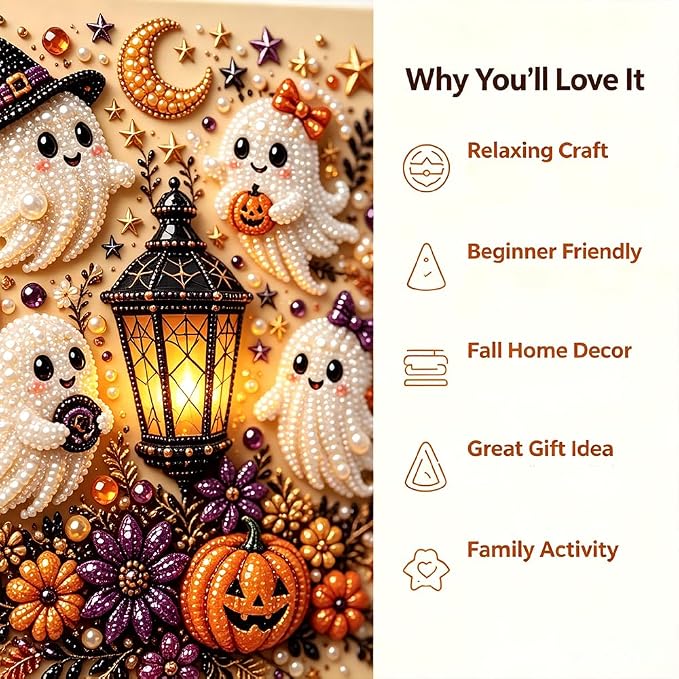 Halloween Ghost Pearl Art DIY Kit, 3D Pearl Mosaic Craft Set