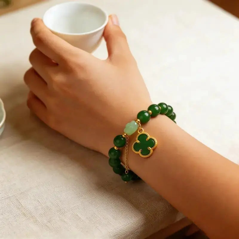 Lucky Four-Leaf Clover Green Aventurine Bracelet - Manifest Wealth & Prosperity Crystal Charm