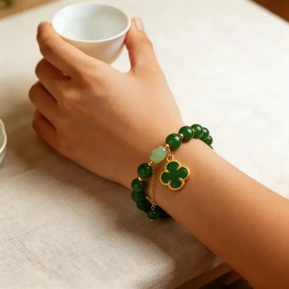 Lucky Four-Leaf Clover Green Aventurine Bracelet - Manifest Wealth & Prosperity Crystal Charm