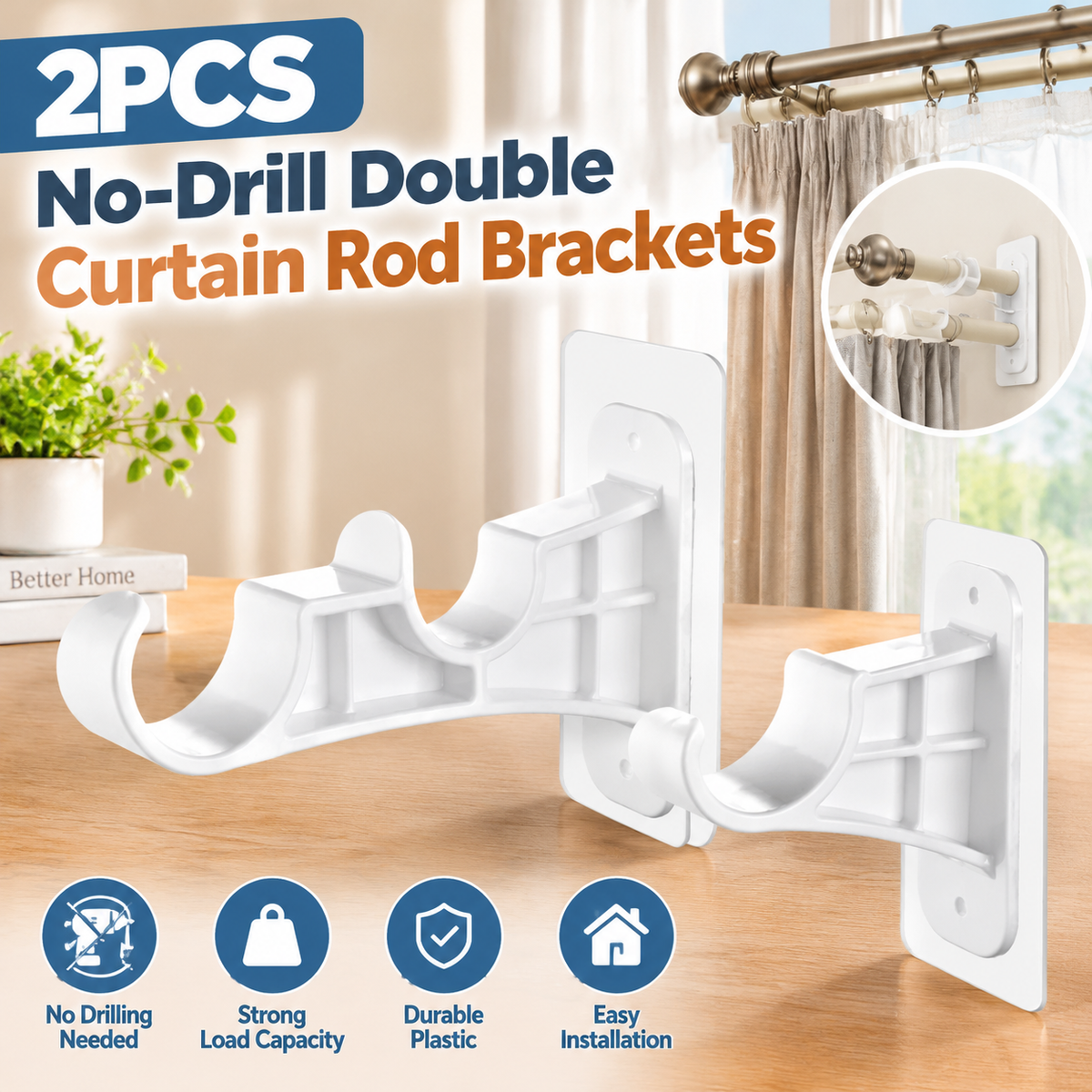 2-Pack No-Drill Double Curtain Rod Brackets