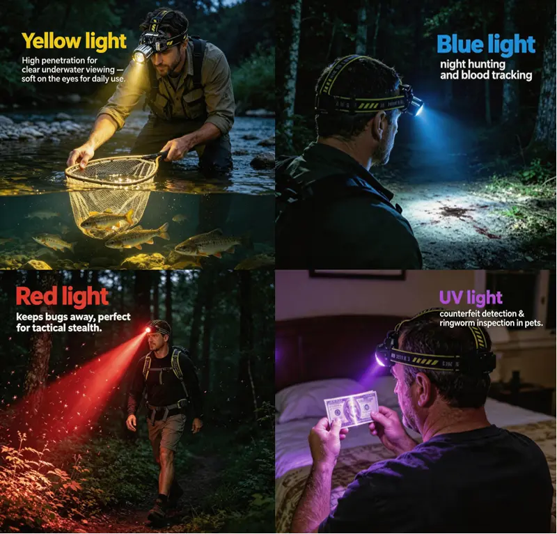 Multi-Color LED Headlamp – 5 Nights Runtime, Motion Sensor & 120° Adjustable Beam