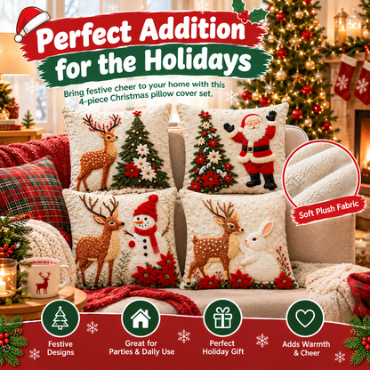 4PCS Unisex Super Soft Square Short Plush Christmas Throw Pillow Set