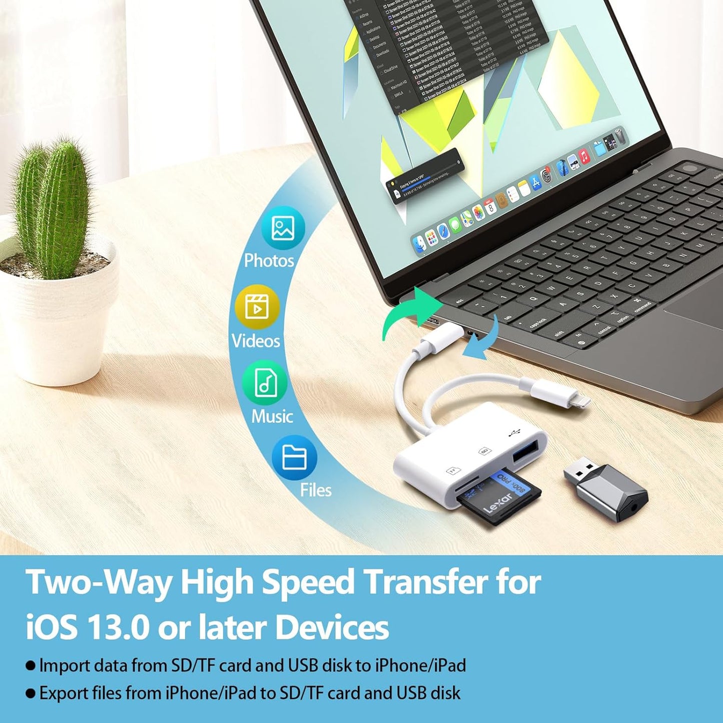 USB SD Card Reader SD Card Reader, USB-C & Lightning Dual Port Connectors