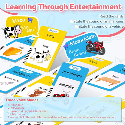 Spanish & English 224 Words Alphabet Bilingual Talking Flash Cards for 3-8 Years Toddlers