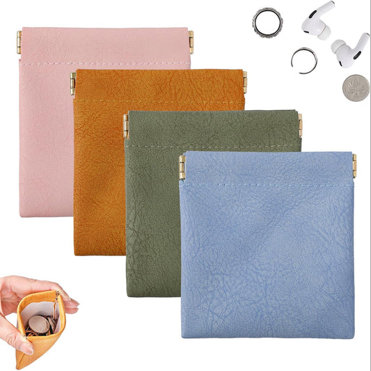 4Pack/set Squeeze Coin Pouches, 3.5x3.1 inch PU Leather Mini Change Pouch for Coins