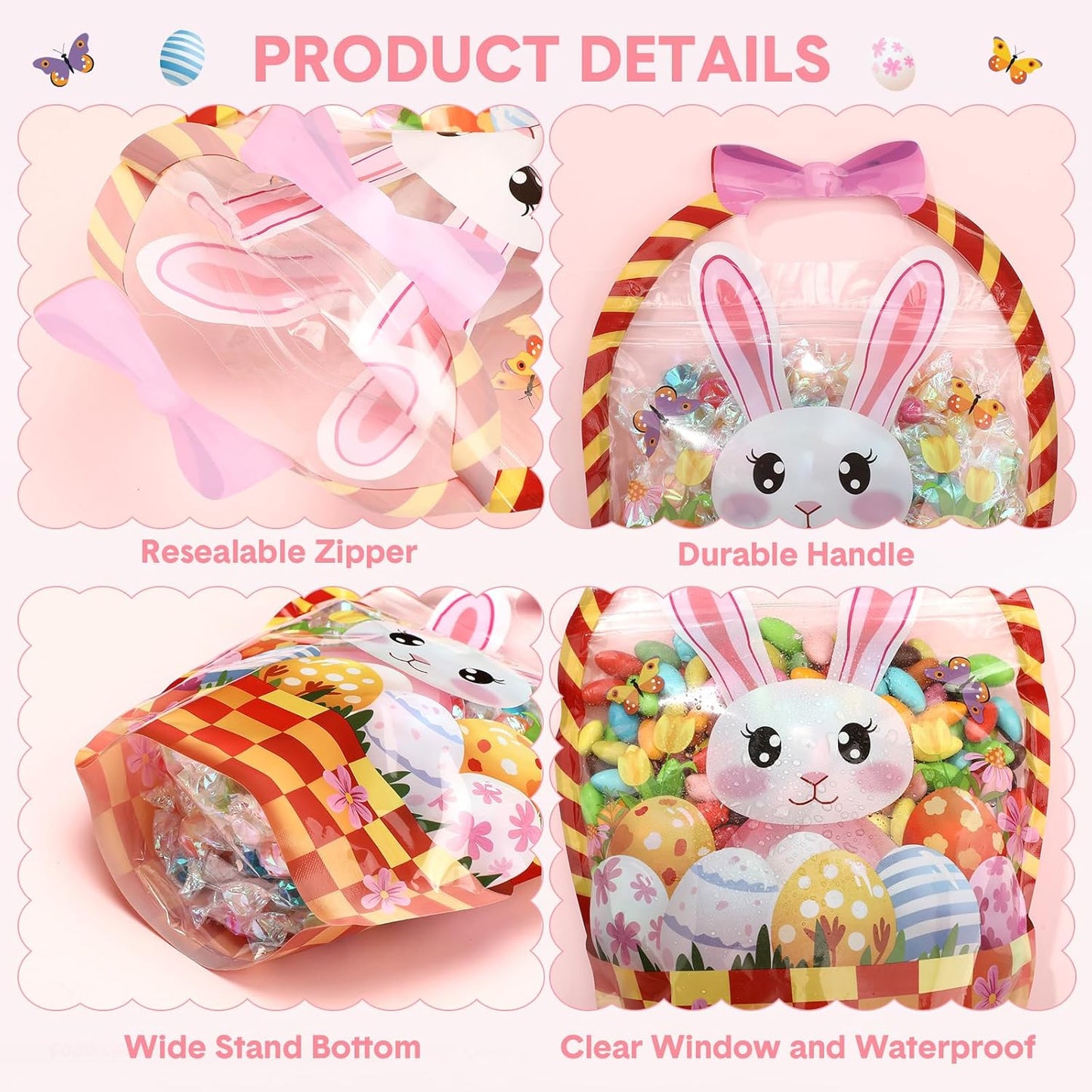 10Pcs Easter Gift Bags Transparent Bunny Sealing Pouches with Handles
