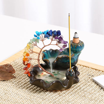 7 Chakra Waterfall Fountain Crystal Tree for Luck Incense Burner Holder