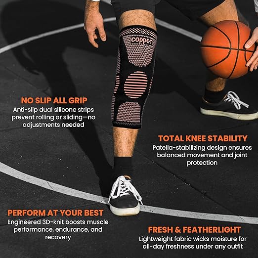 2 Pack Copper Knee Braces for Women and Men, Knee Compression Sleeve for Knee Pain, Arthritis