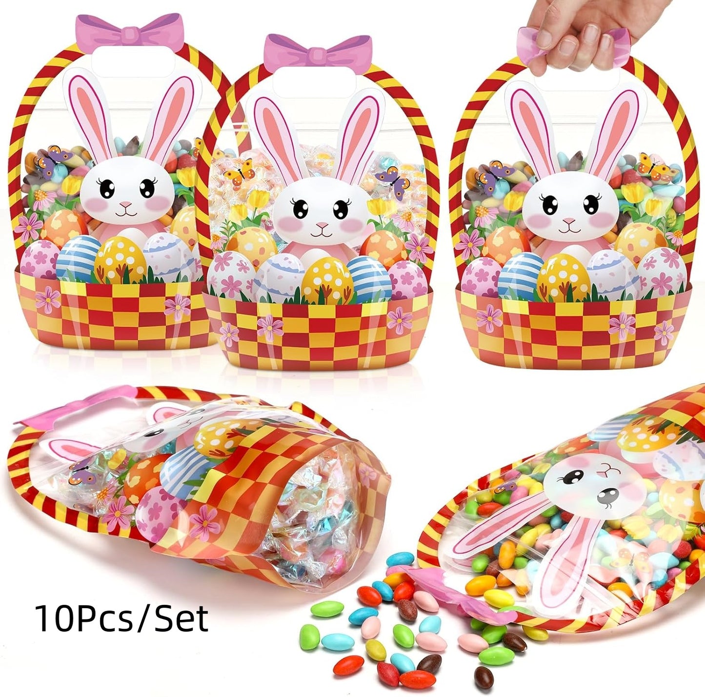 10Pcs Easter Gift Bags Transparent Bunny Sealing Pouches with Handles