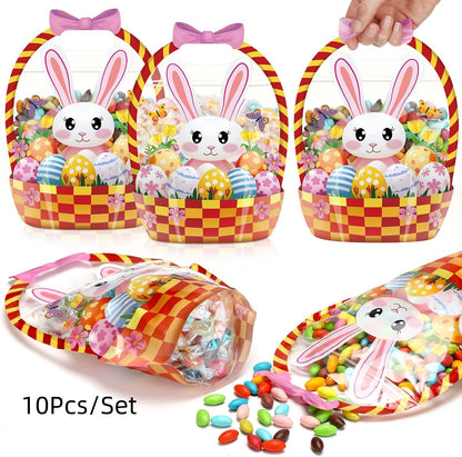 10Pcs Easter Gift Bags Transparent Bunny Sealing Pouches with Handles