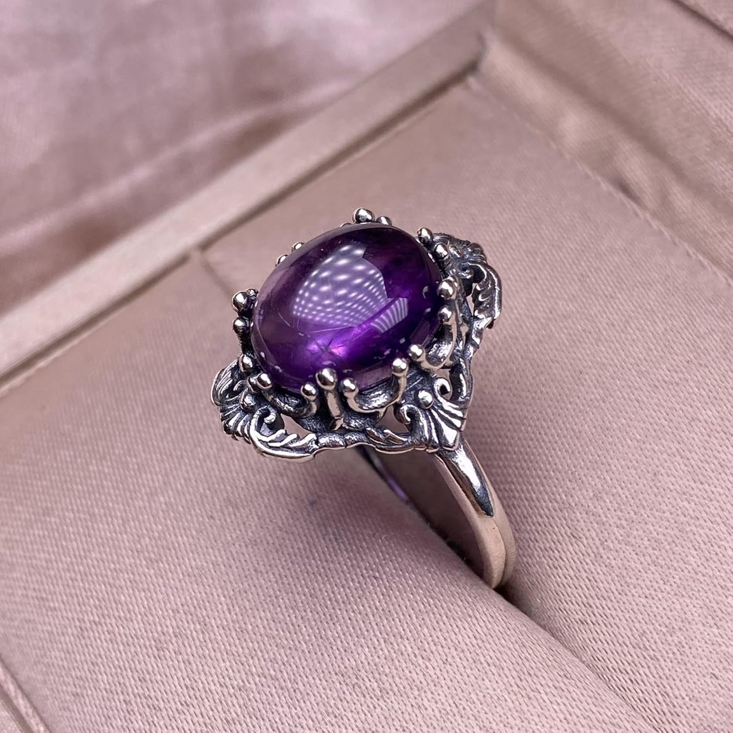 Luxury Oval Amethyst Rings for Women Nepalese lace Silver Vintage Adjustable Open Purple Gemstone Ring