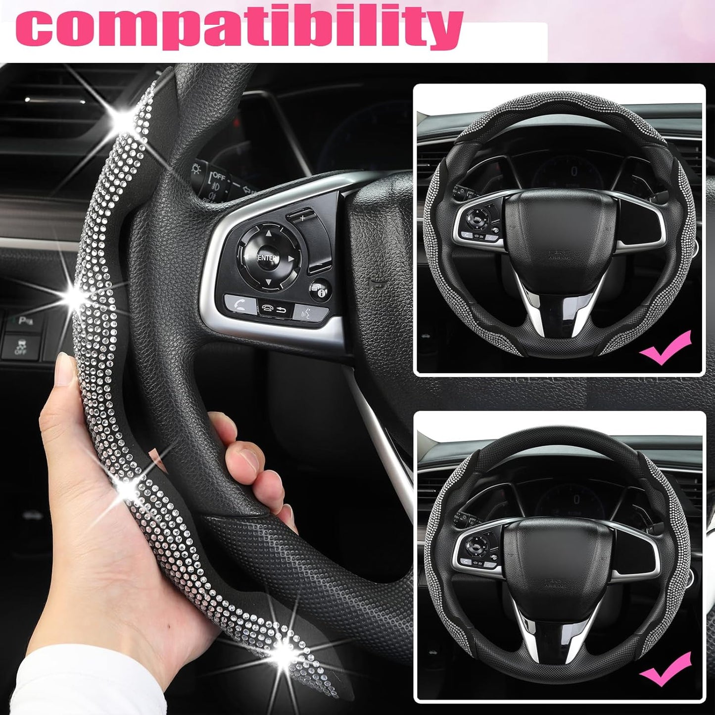 3PCS Segmented Diamond Bling Car Steering Wheel Cover, Universal for 99% Cars for Women