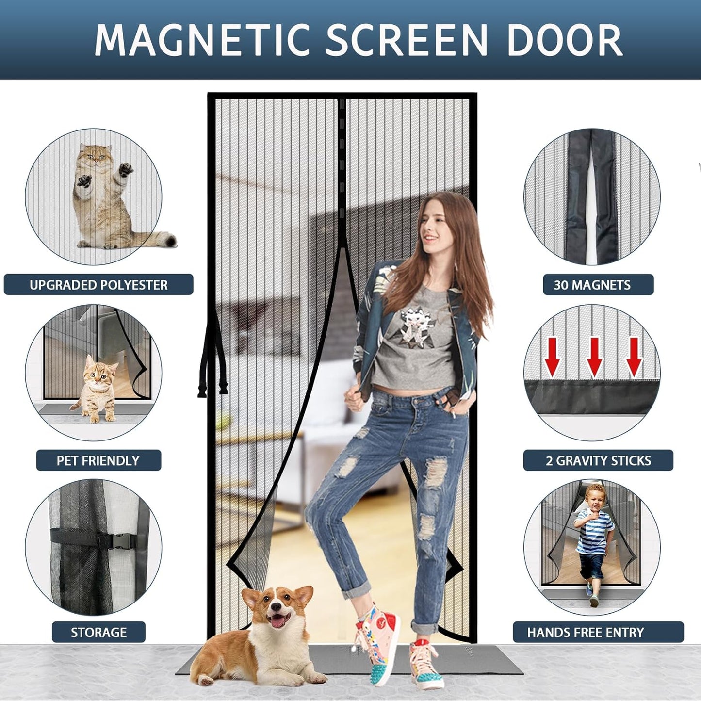 Magnetic Fly Screen Door with Stay Open Buckles