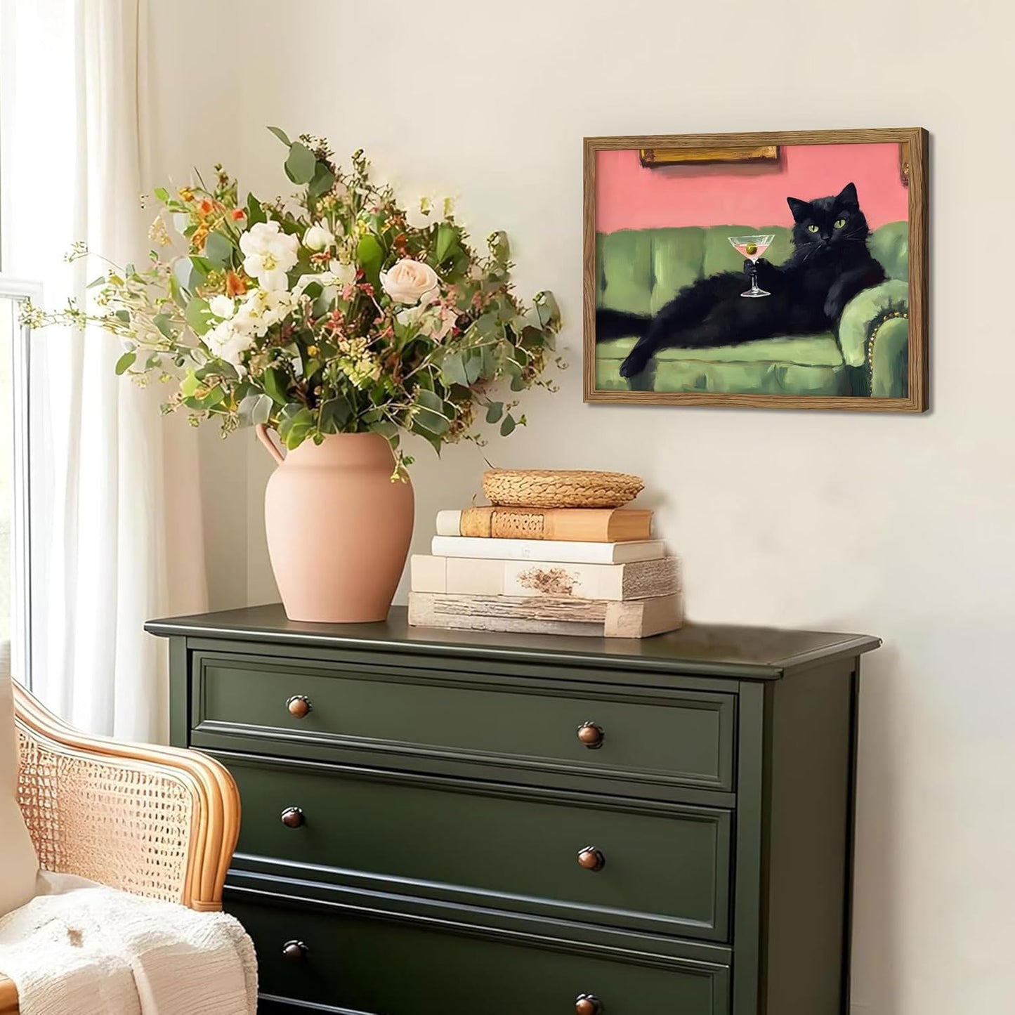 Funny Black Cat Martini Wall Art, Bar Cart Decor, Eclectic Cocktail Painting Canvas Print Frame Not Included