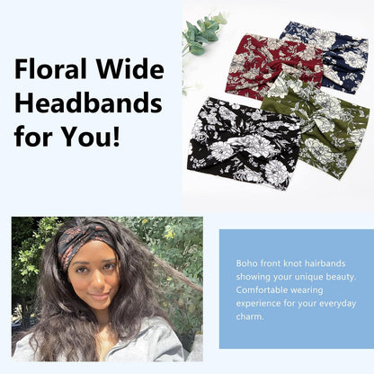 6pcs 7'' Floral Printed Turban Headbands Set - Boho Hair Band Twist Hair Accessories for Women