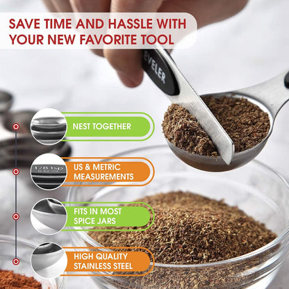 8Pcs Stainless Steel Magnetic Measuring Spoons Set of 8 with Leveler, Dual Sided Metal Tablespoon Measuring Spoons