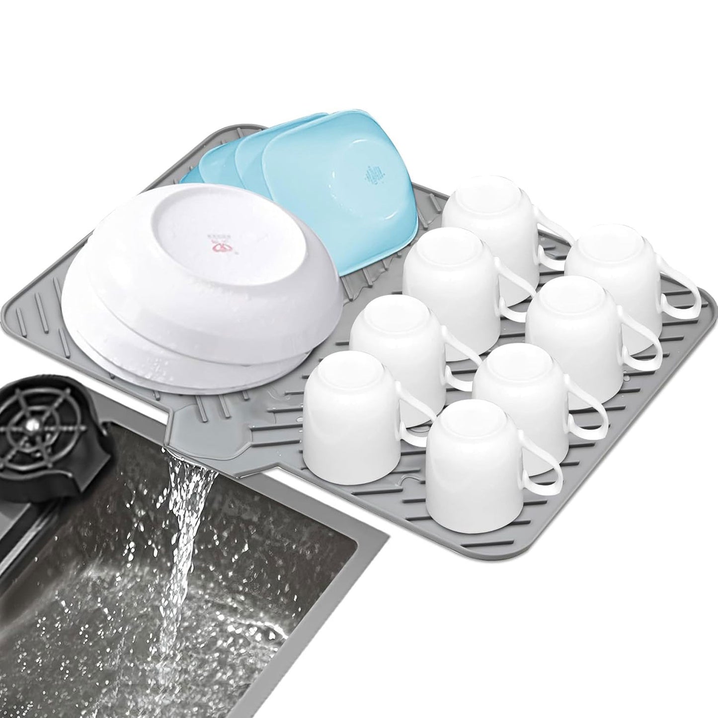 Silicone Dish Drying Mat with Built-in Drain Lip - Tray Protects Surfaces Prevents Water Build Up