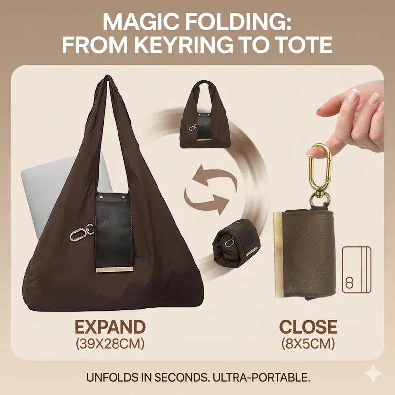 Foldable Keychain Tote Bag, Expandable Leather Mini Bag with Key Ring