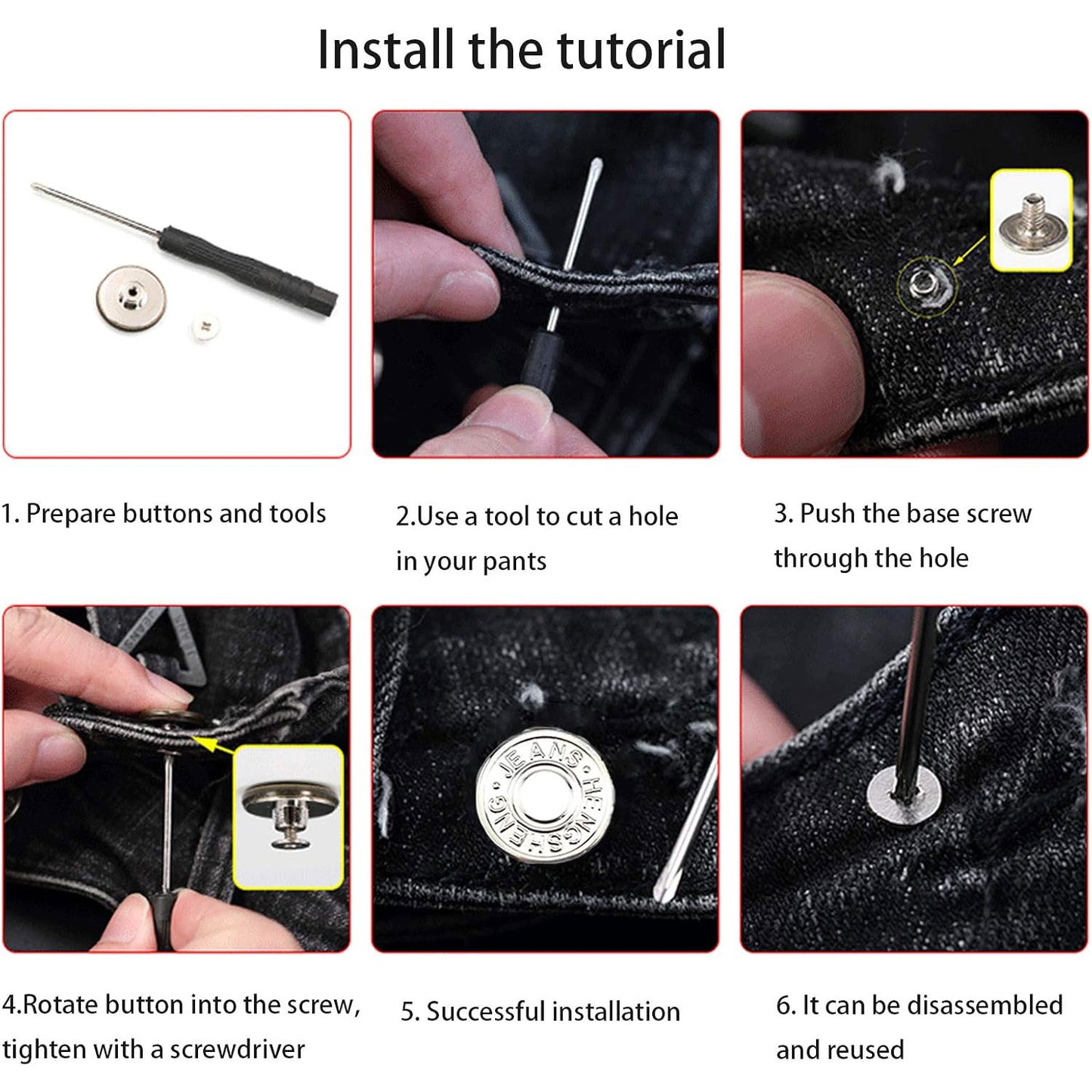 20 Pcs 17mm No-Sew Nailless Removable Metal Jeans Buttons With Thread Rivets and Screwdriver