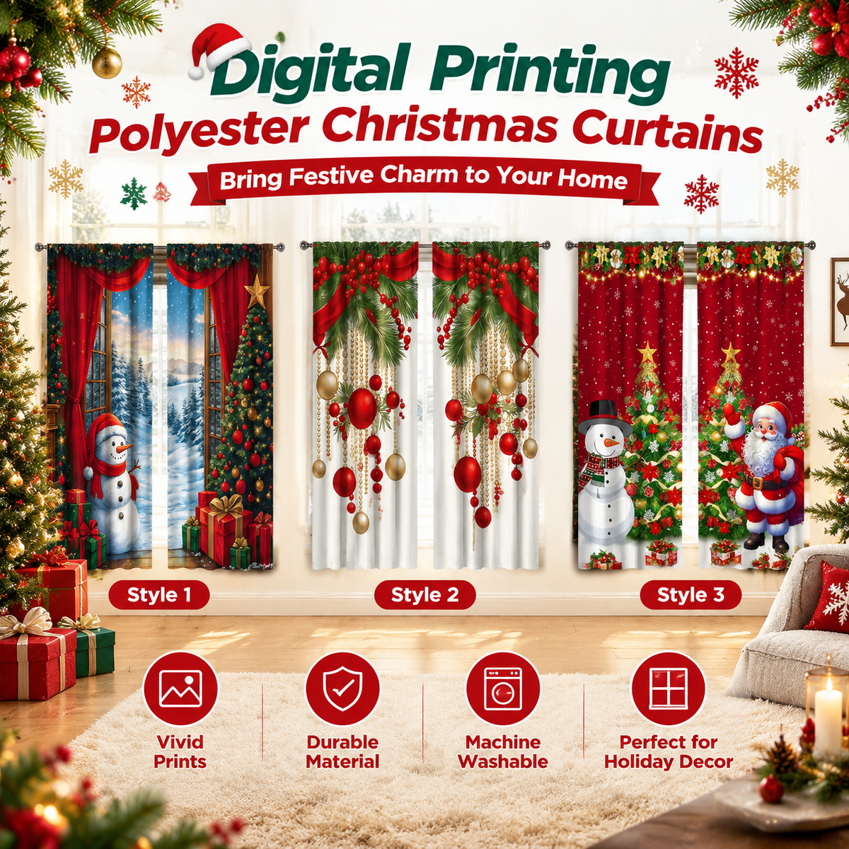 Digitally Printed Polyester Christmas Curtains