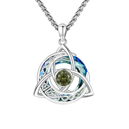 Women's Celtic Birthstone Necklace - Trinity Knot-Triquetra Crescent Moon Pendant