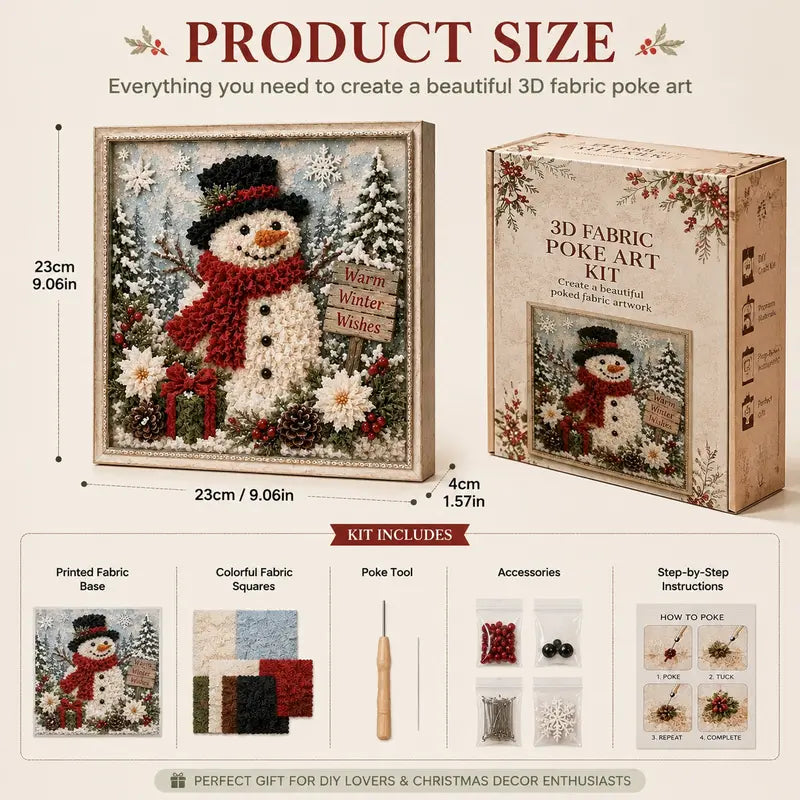 3D Christmas Fabric Poke Art Kit, DIY Snowman Embroidery Craft Kit