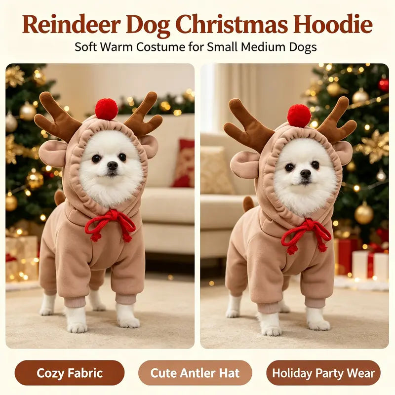 Dog Christmas Reindeer Hoodie - Small-Medium Sizes, Casual, Warmth