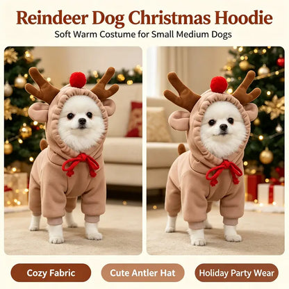 Dog Christmas Reindeer Hoodie - Small-Medium Sizes, Casual, Warmth