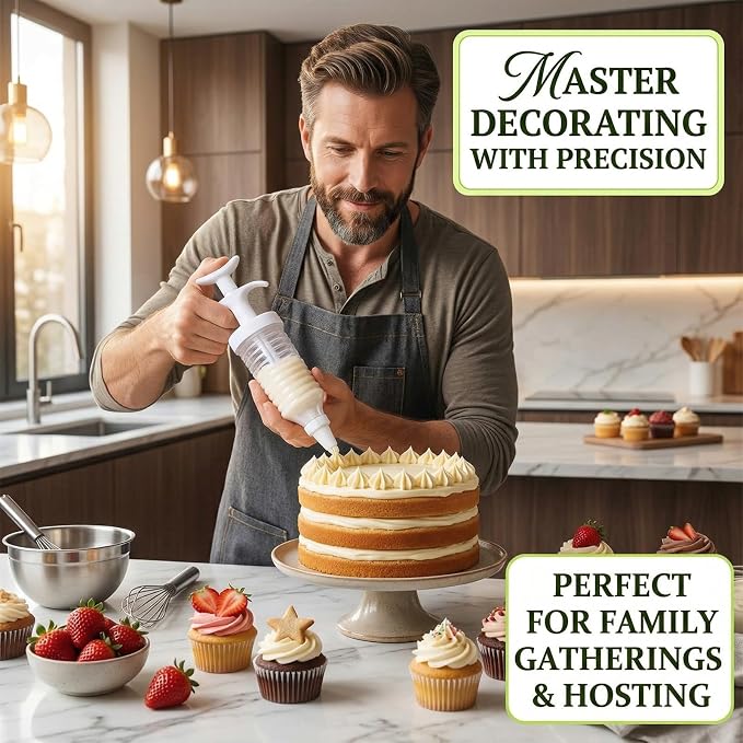 Professional Cake Decorating Kit, Piping Nozzle with Syringe, 8 Plastic Pastry Tips