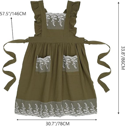 Vintage Apron for Women with Pockets, Lace Cute Cotton Linen Cross Back Apron