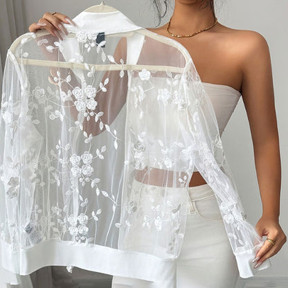 Women's Floral Lace Lightweight Jacket Sheer Mesh Long Sleeve Office Jackets