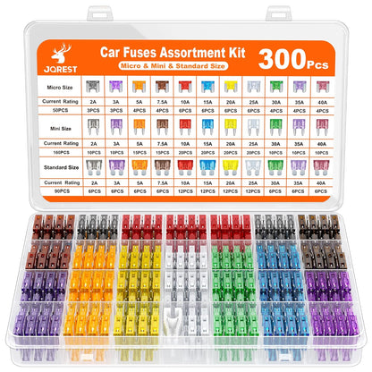 300Pcs Car Fuse Assortment Kit, 160 Mini Fuses Automotive + 90 Standard Auto Fuses + 50 Micro + Puller