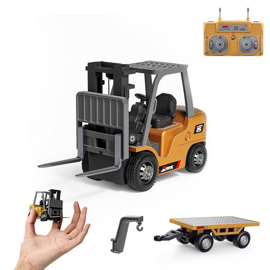 1/64 Full Proportional RC Forklift Toy - 8 Channel 2 Mode Mini Remote Control Forklift Truck with Flatbed Tow Truck, 2 in 1 Transformable Lift Fork & Hook with Rechargeable Battery for 4+ Kids