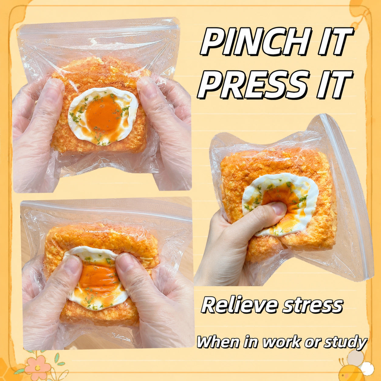 Double-Layer Fried Egg Toast Squishy - Super Soft Silicone, for Stress Relief