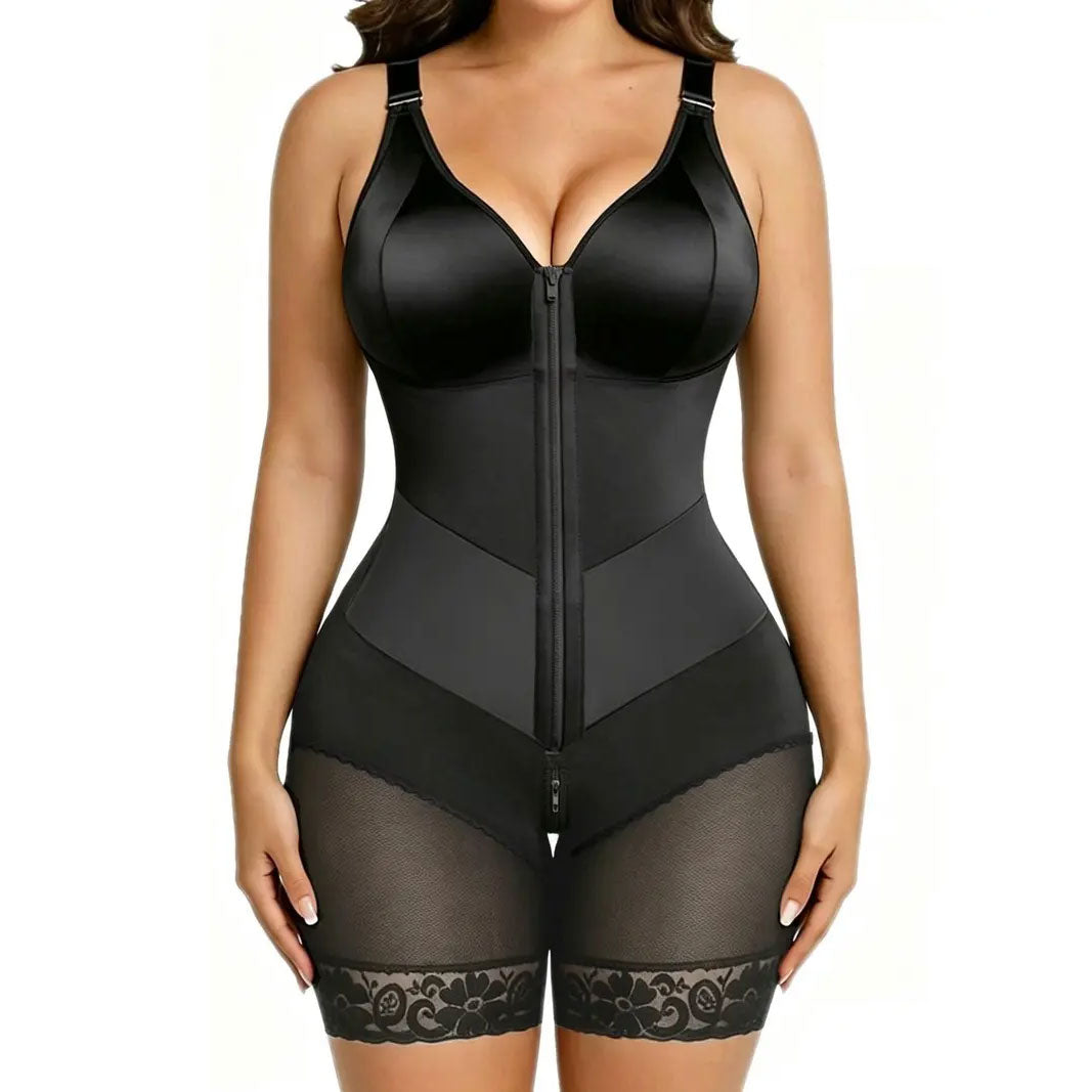 Women's Shapewear Romper with Built-In Bra, Adjustable Straps, Front Zipper