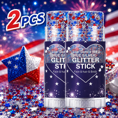 2PCS 4th of July Patriotic America Flag Star Face Body Glitter,Red White Blue Hair Glitter Stick
