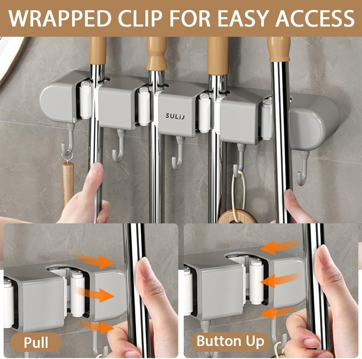 No-Drilling Self-Adhesive Mop and Broom Storage Rack (4 Racks with 5 Hooks)
