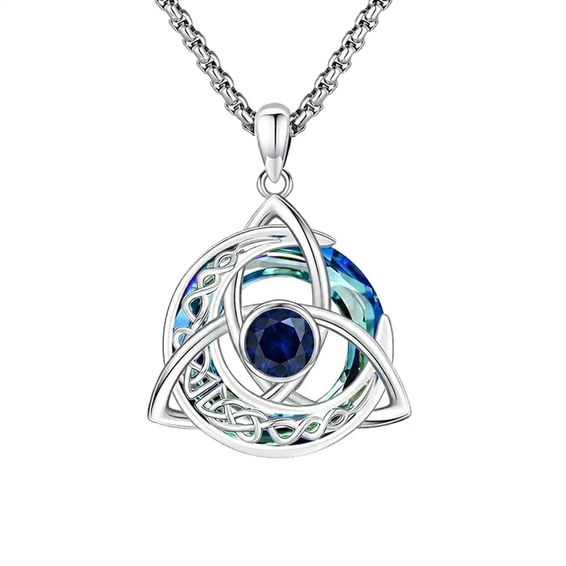 Women's Celtic Birthstone Necklace - Trinity Knot-Triquetra Crescent Moon Pendant