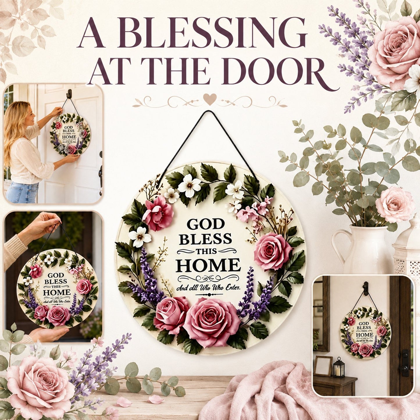 God Bless This Home Floral Round Door Sign