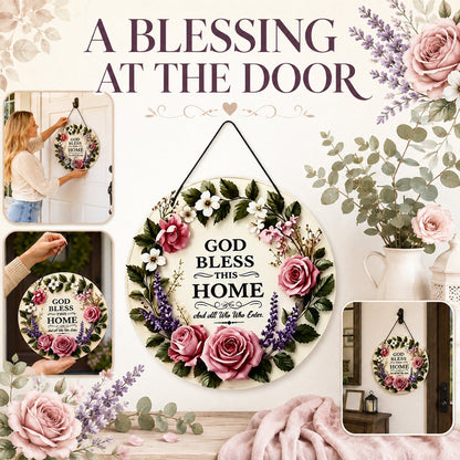 God Bless This Home Floral Round Door Sign