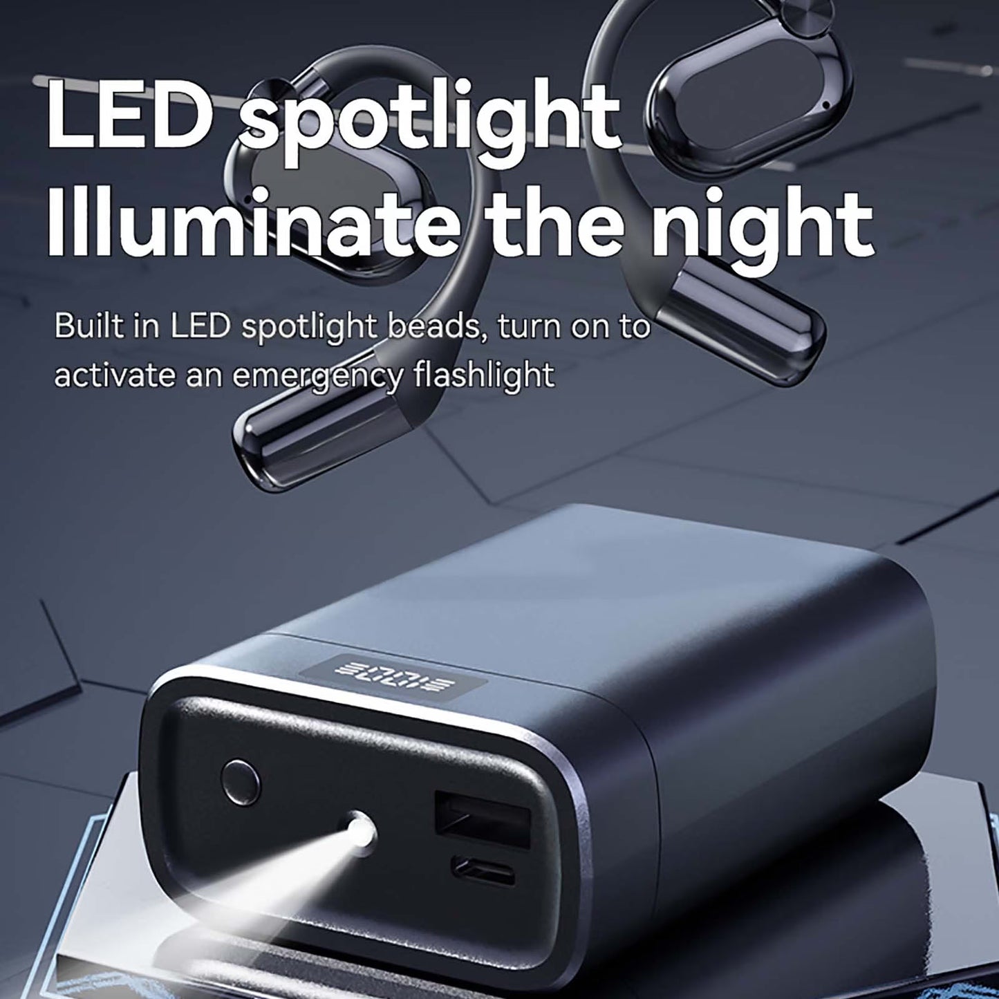 Bluetooth headphones with a power bank and LED light